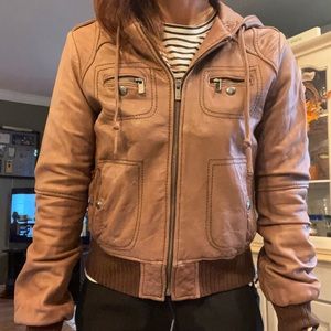 Brown Michael Kors hooded leather jacket